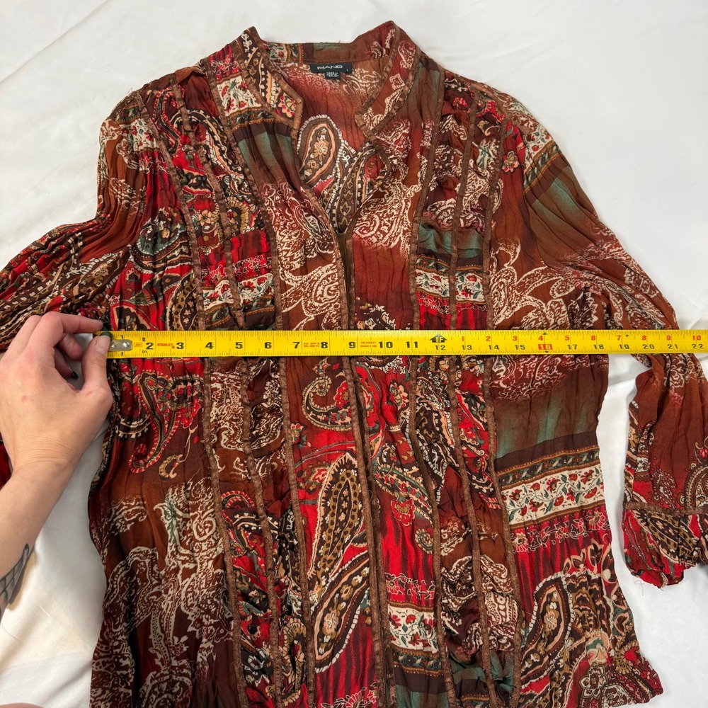 Piano Womens Large Paisley Print Crinkle Blouse Rust Red Boho Ribbon Trim Top - Picture 7 of 9